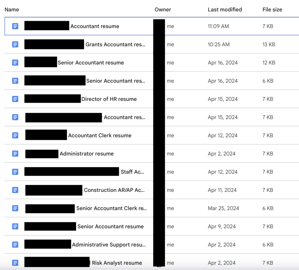 list of saved resumes on Google Drive for I was laid off, now what?